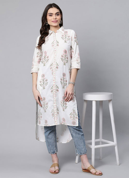 Designer Kurti Cotton White Print Kurtis