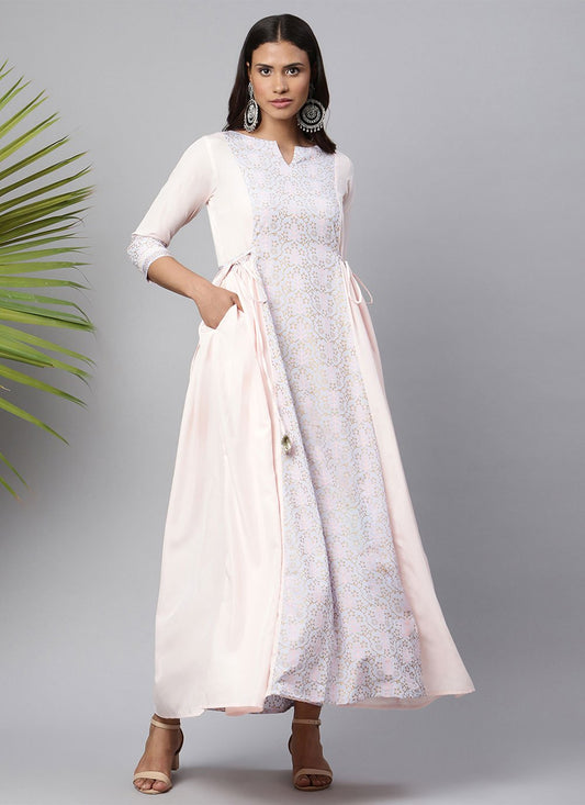 Floor Length Kurti Crepe Silk White Print Kurtis