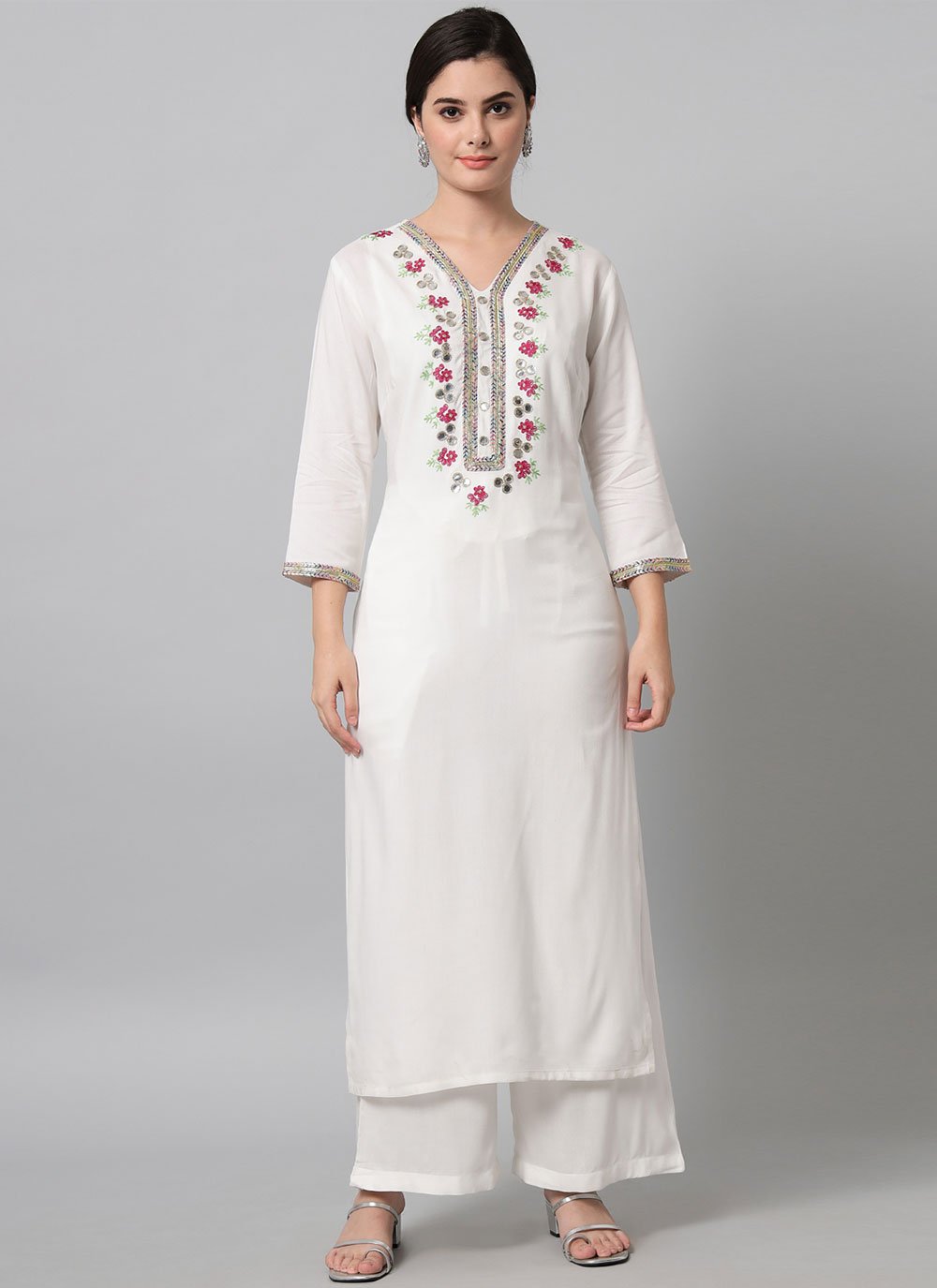 Casual Kurti Rayon Viscose White Embroidered Kurtis