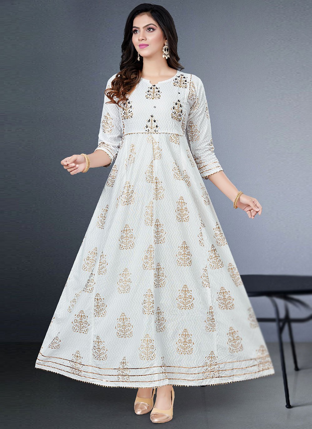 Gown Rayon White Foil Print Gown