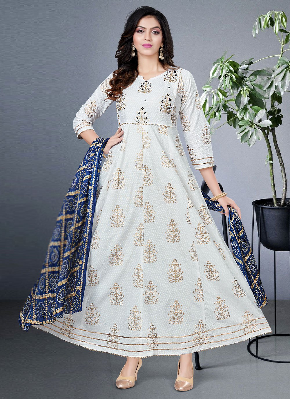 Gown Rayon White Foil Print Gown