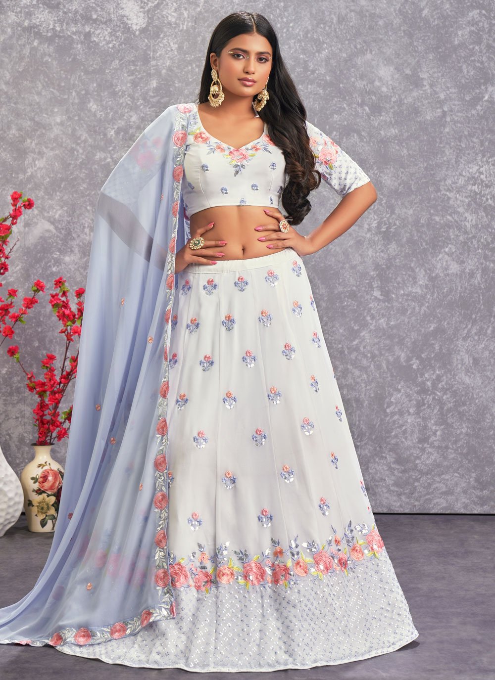 A Line Lehenga Georgette White Embroidered Lehenga Choli