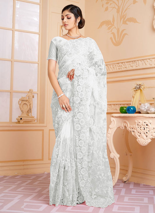 Classic Net White Embroidered Saree