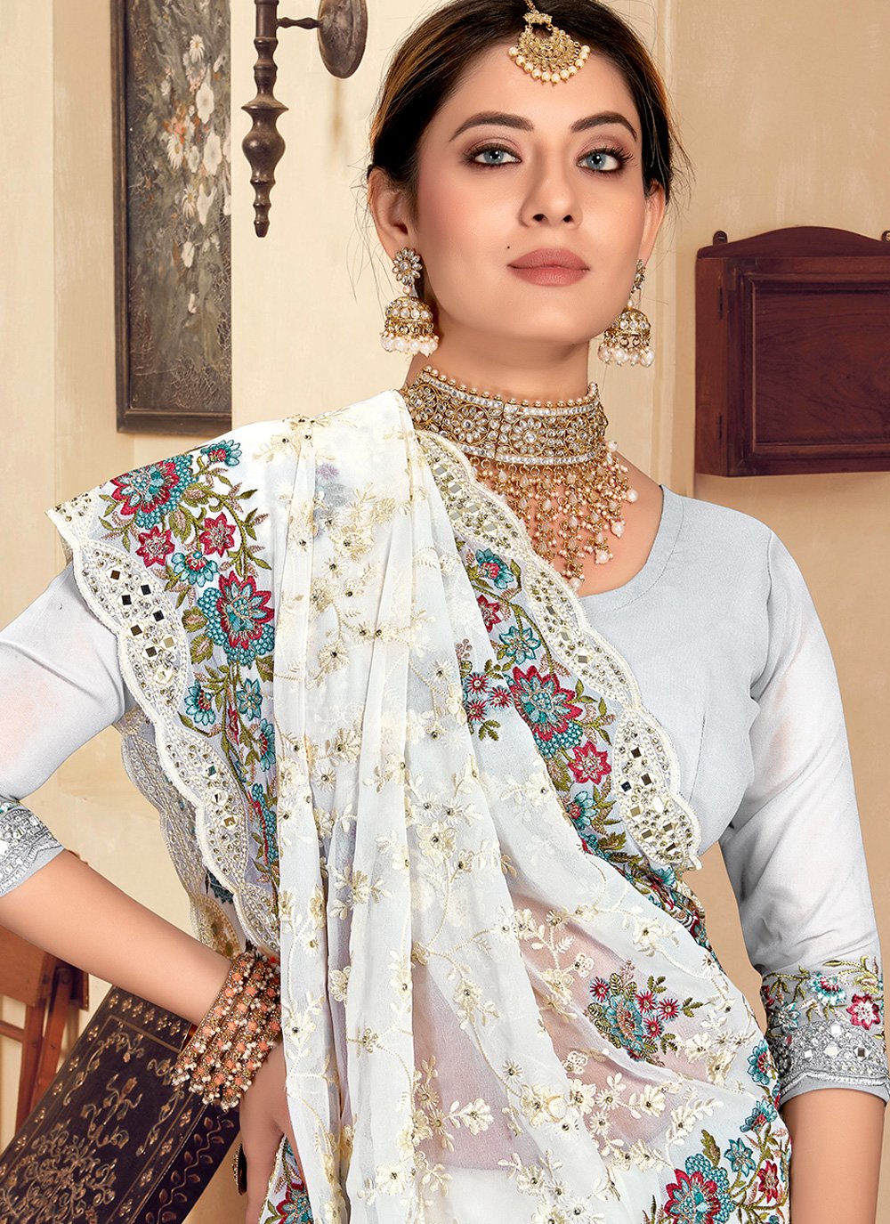 Contemporary Georgette White Embroidered Saree