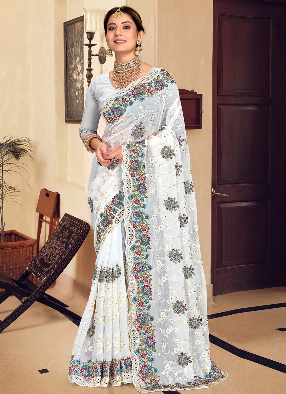 Contemporary Georgette White Embroidered Saree