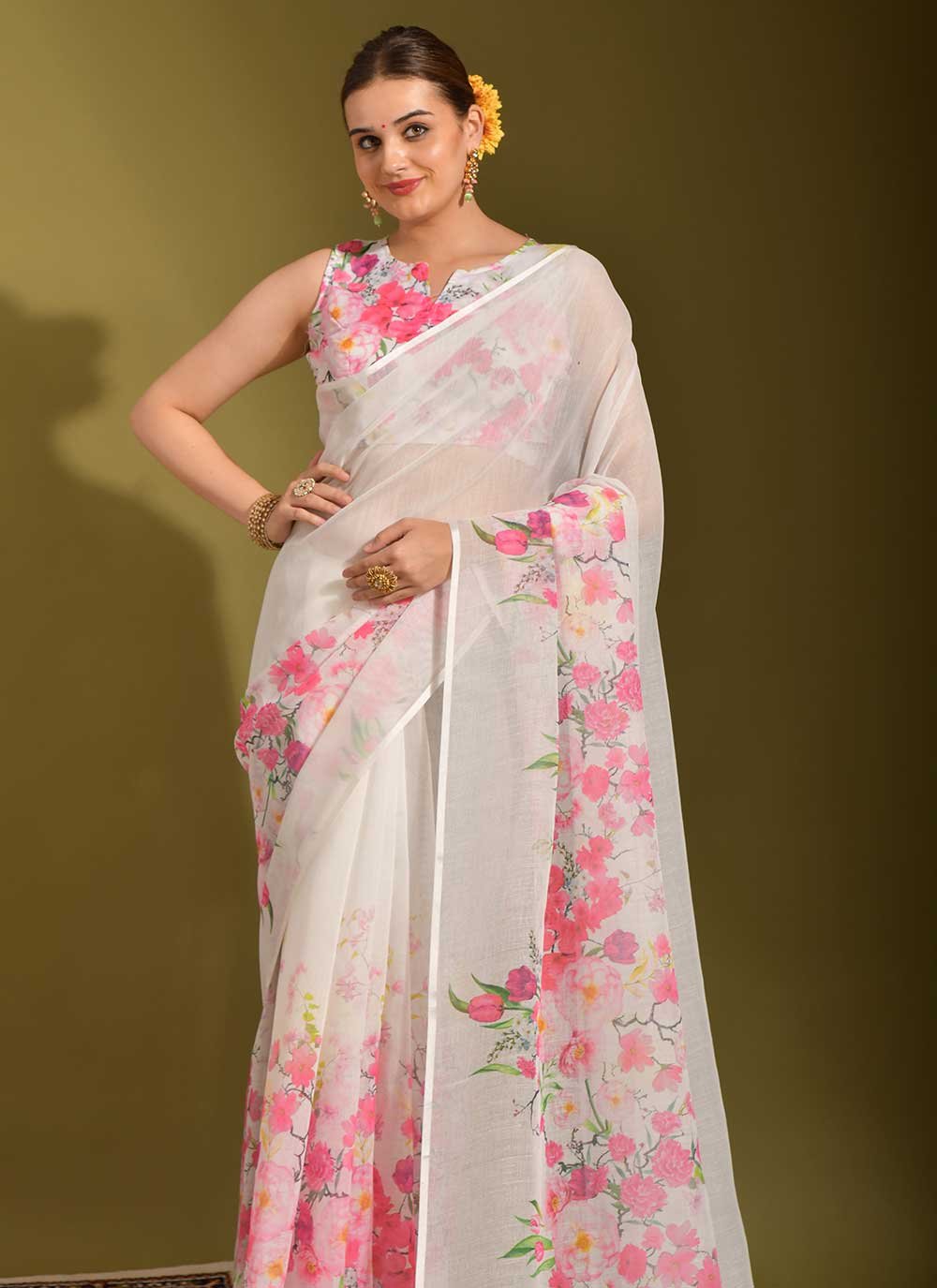 Classic Linen White Print Saree