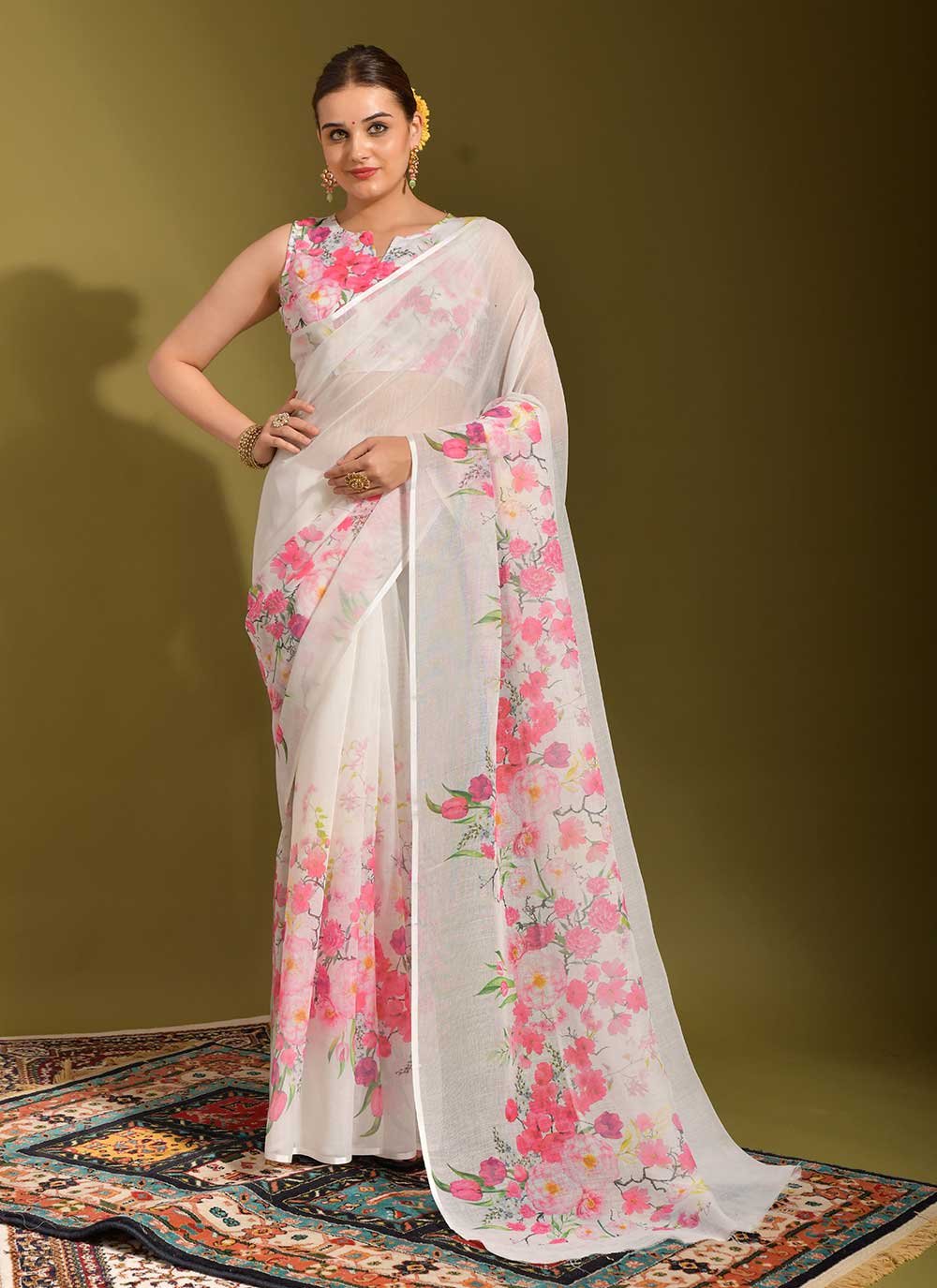 Classic Linen White Print Saree