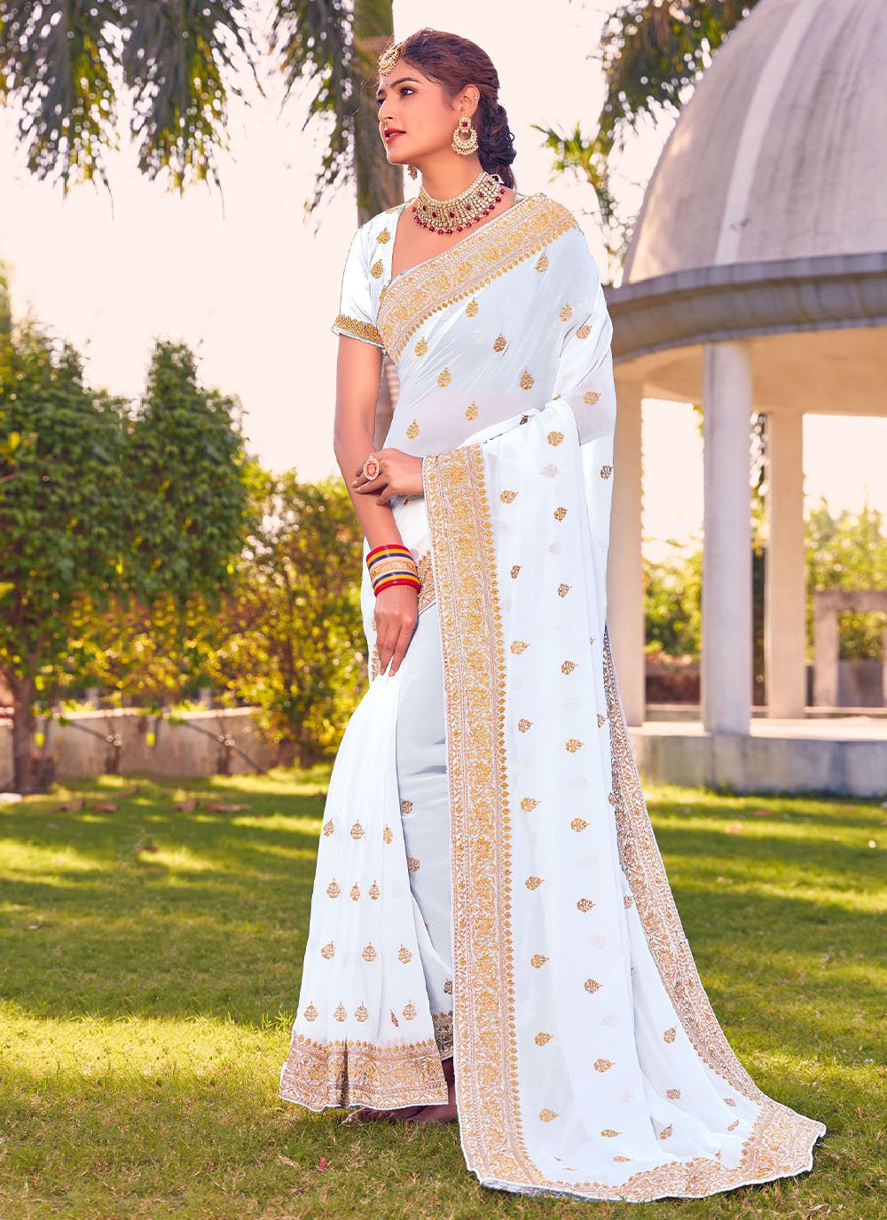 Classic Georgette White Embroidered Saree