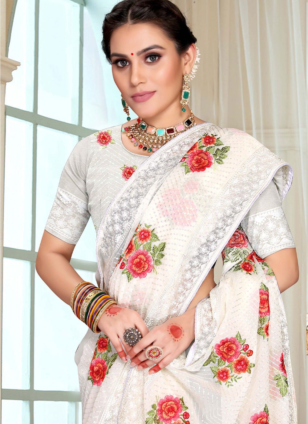 Classic Georgette White Embroidered Saree