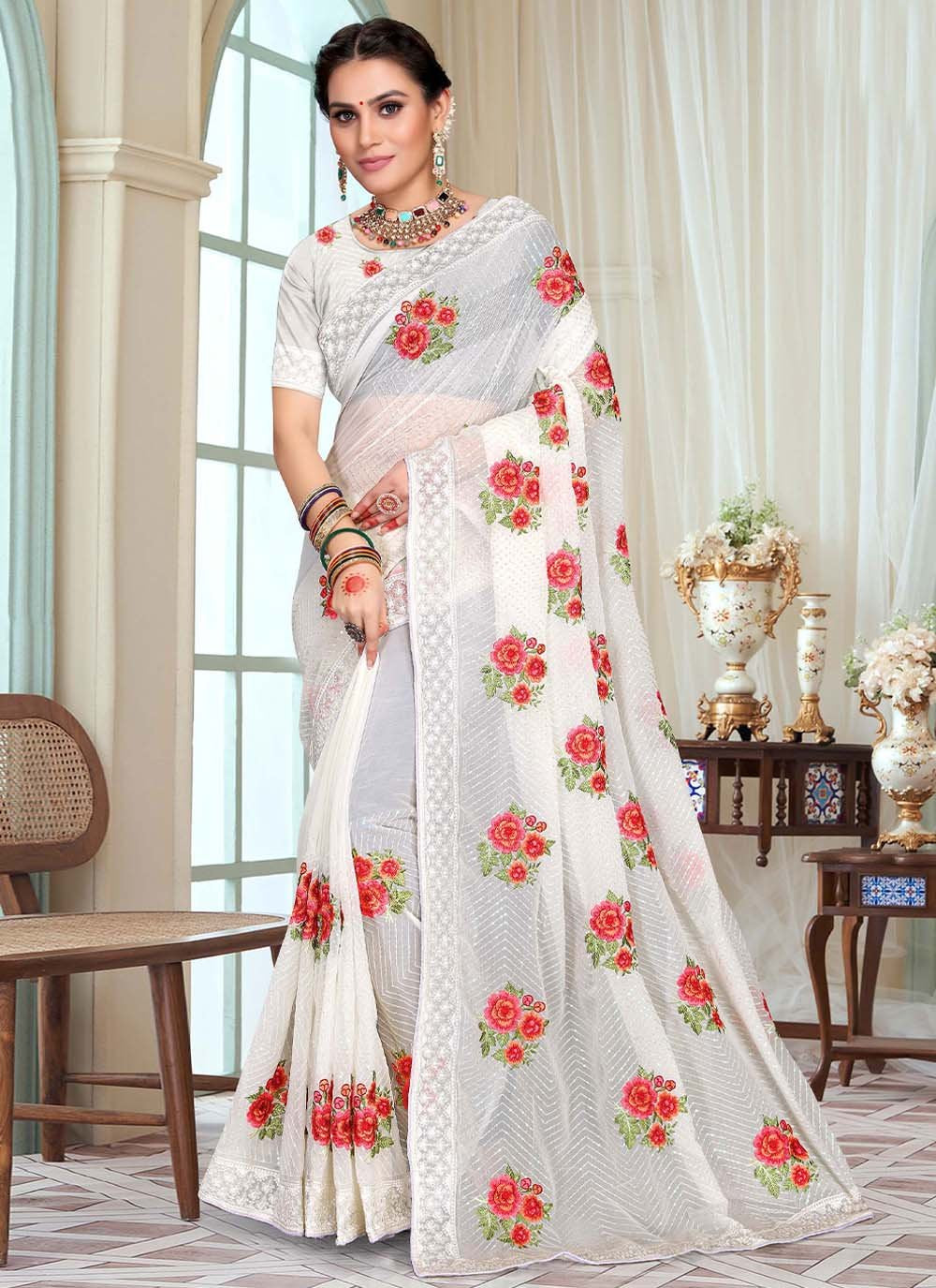 Classic Georgette White Embroidered Saree