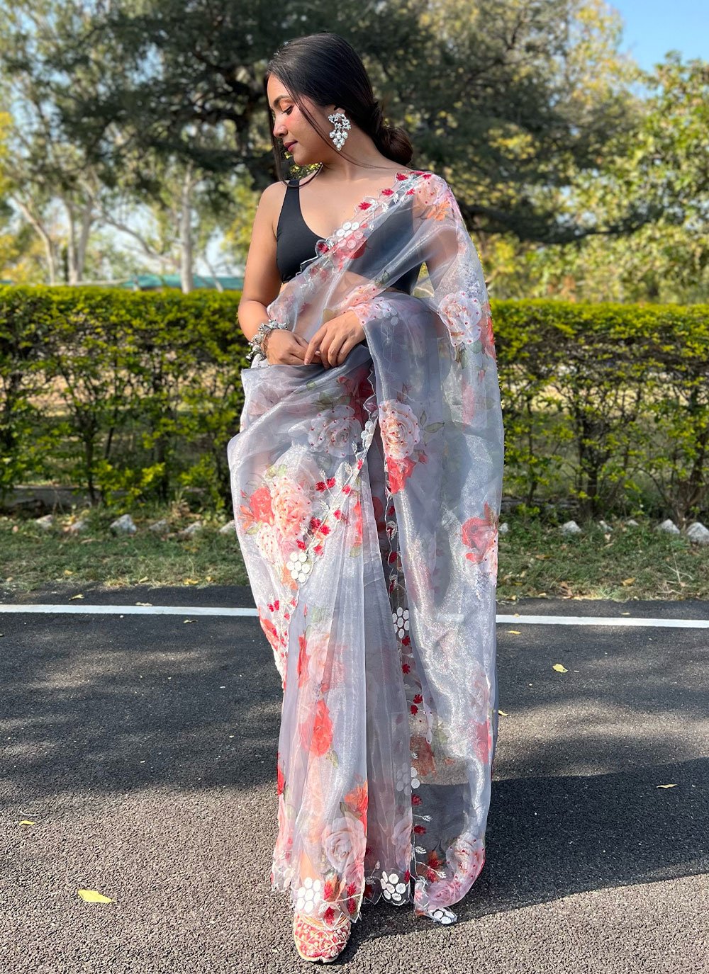 Trendy Saree Organza White Hand Work Saree