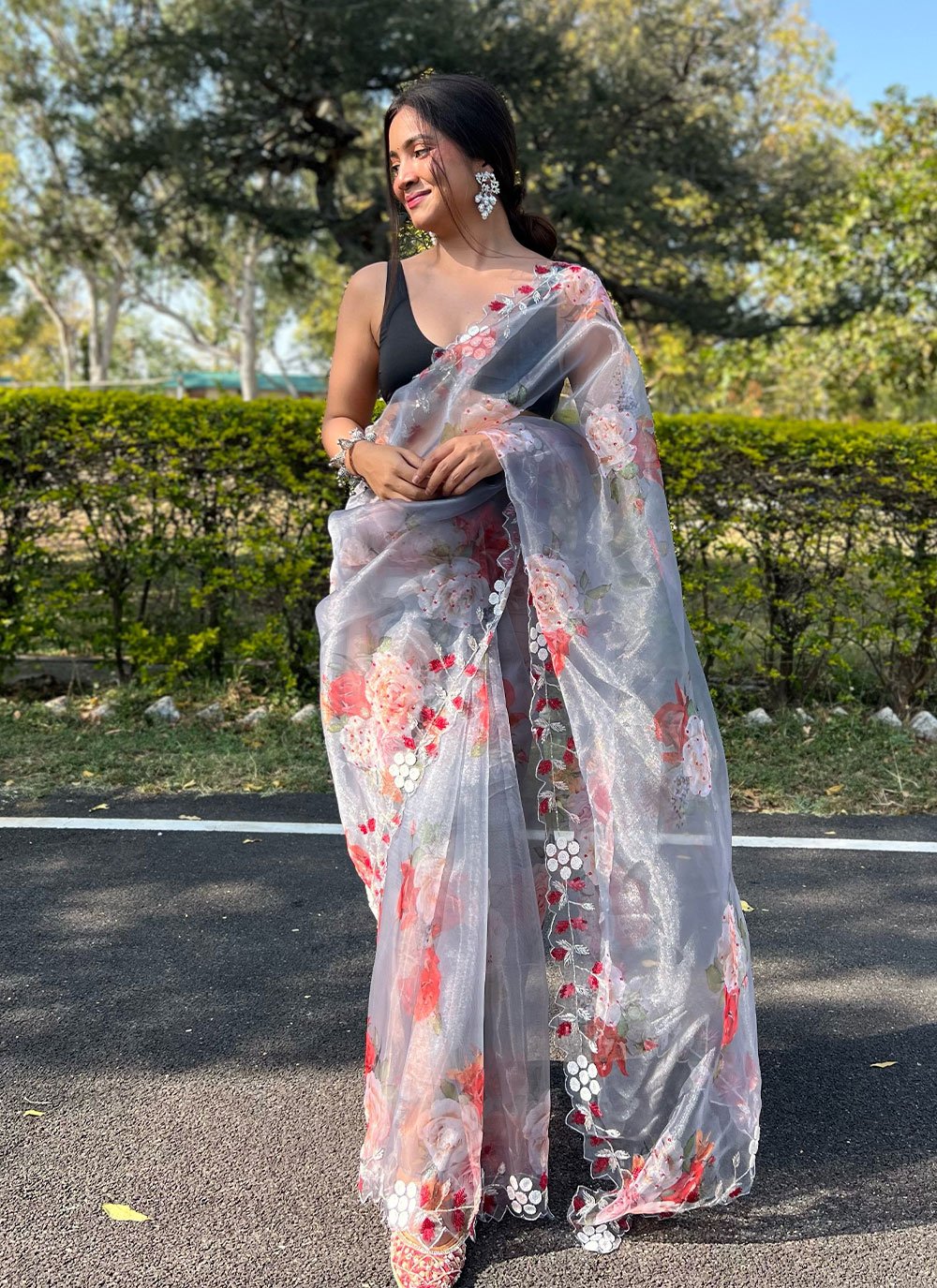 Trendy Saree Organza White Hand Work Saree