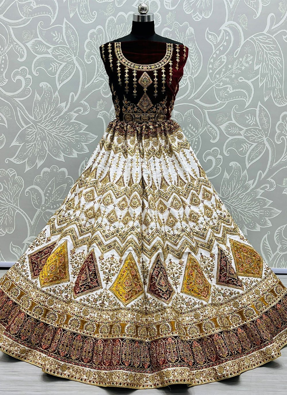 A Line Lehenga Velvet White Diamond Lehenga Choli