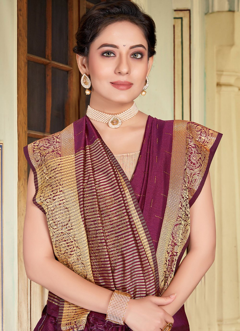 Classic Art Banarasi Silk Wine Patch Border Saree