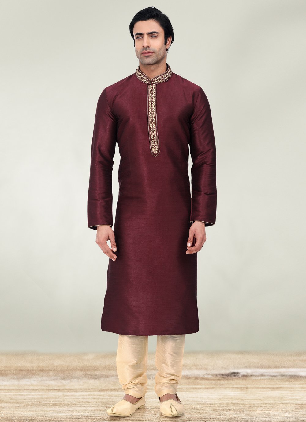 Kurta Pyjama Art Banarasi Silk Wine Embroidered Mens