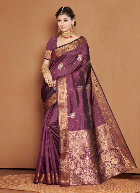 Traditional Saree Banarasi Silk Wine Embroidered Saree