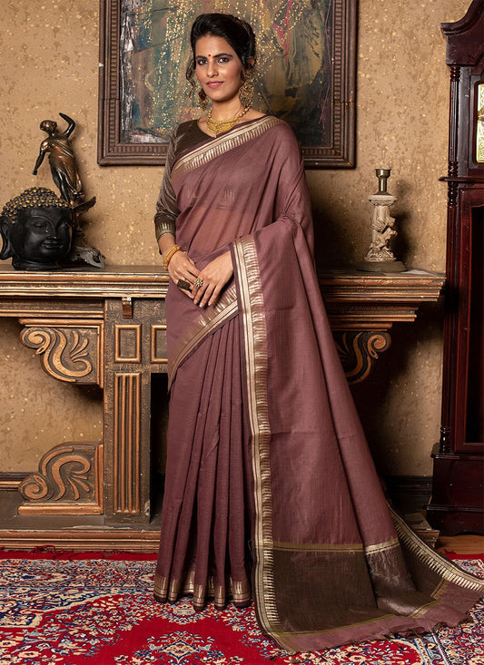 Contemporary Linen Silk Wine Patch Border Saree