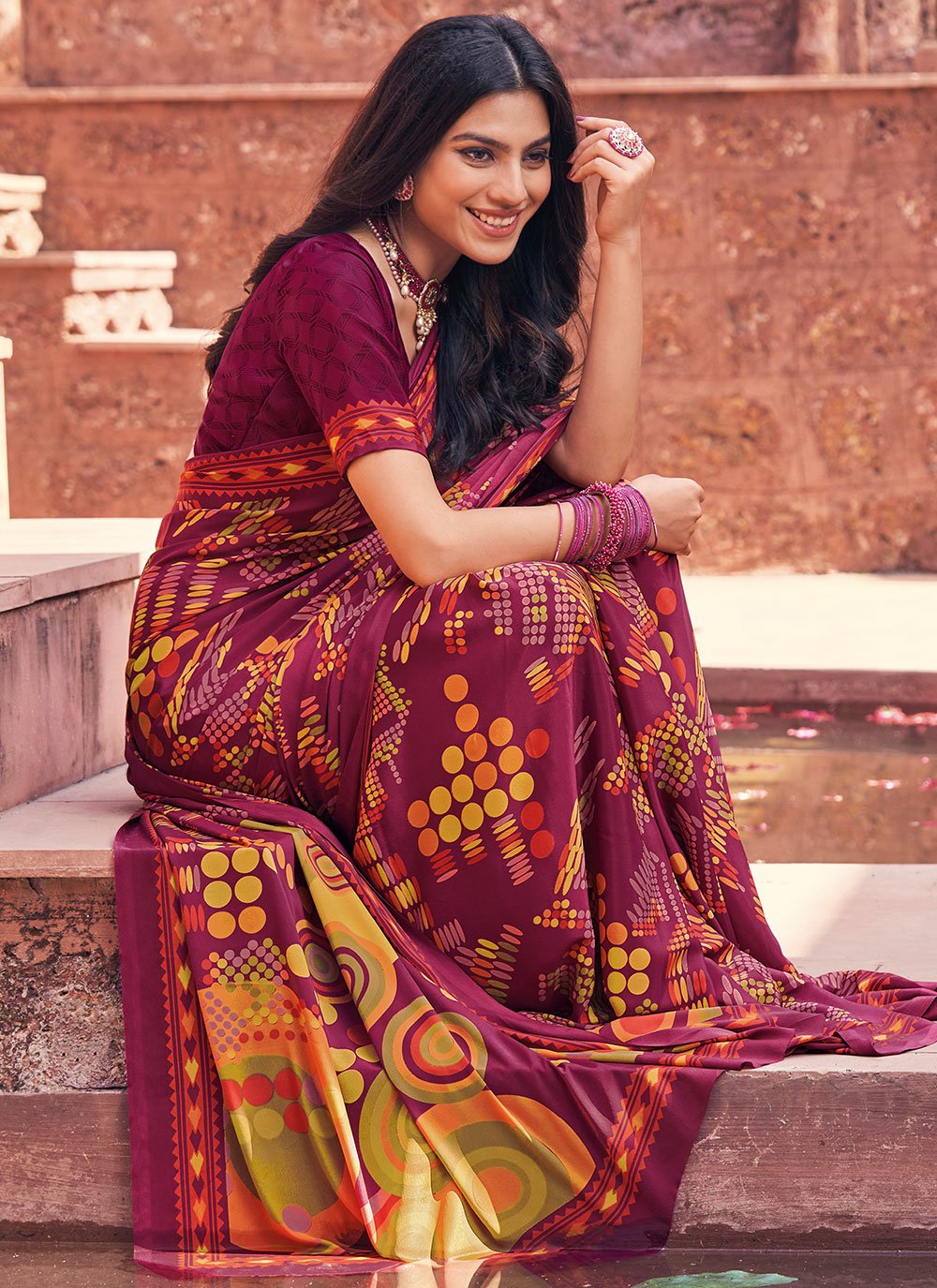 Contemporary Faux Crepe Wine Print Saree