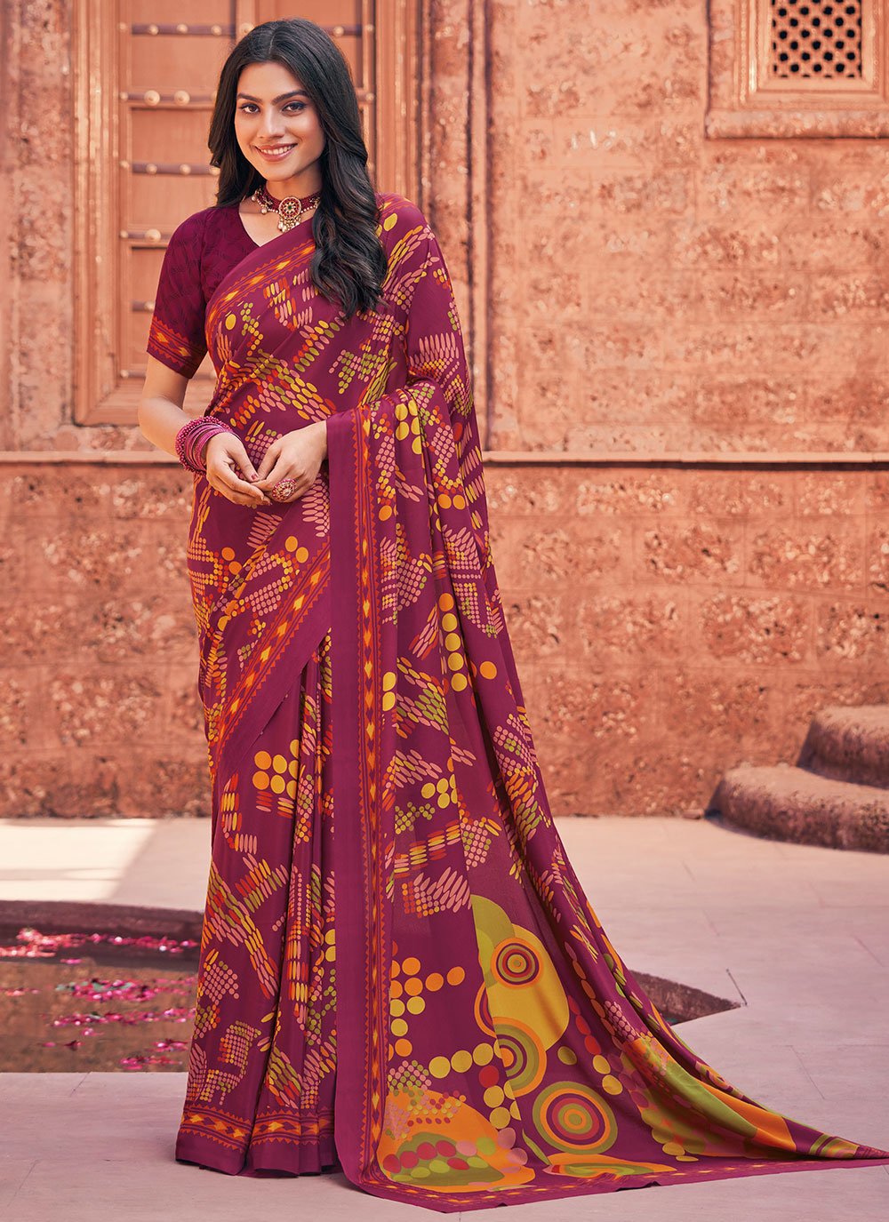 Contemporary Faux Crepe Wine Print Saree