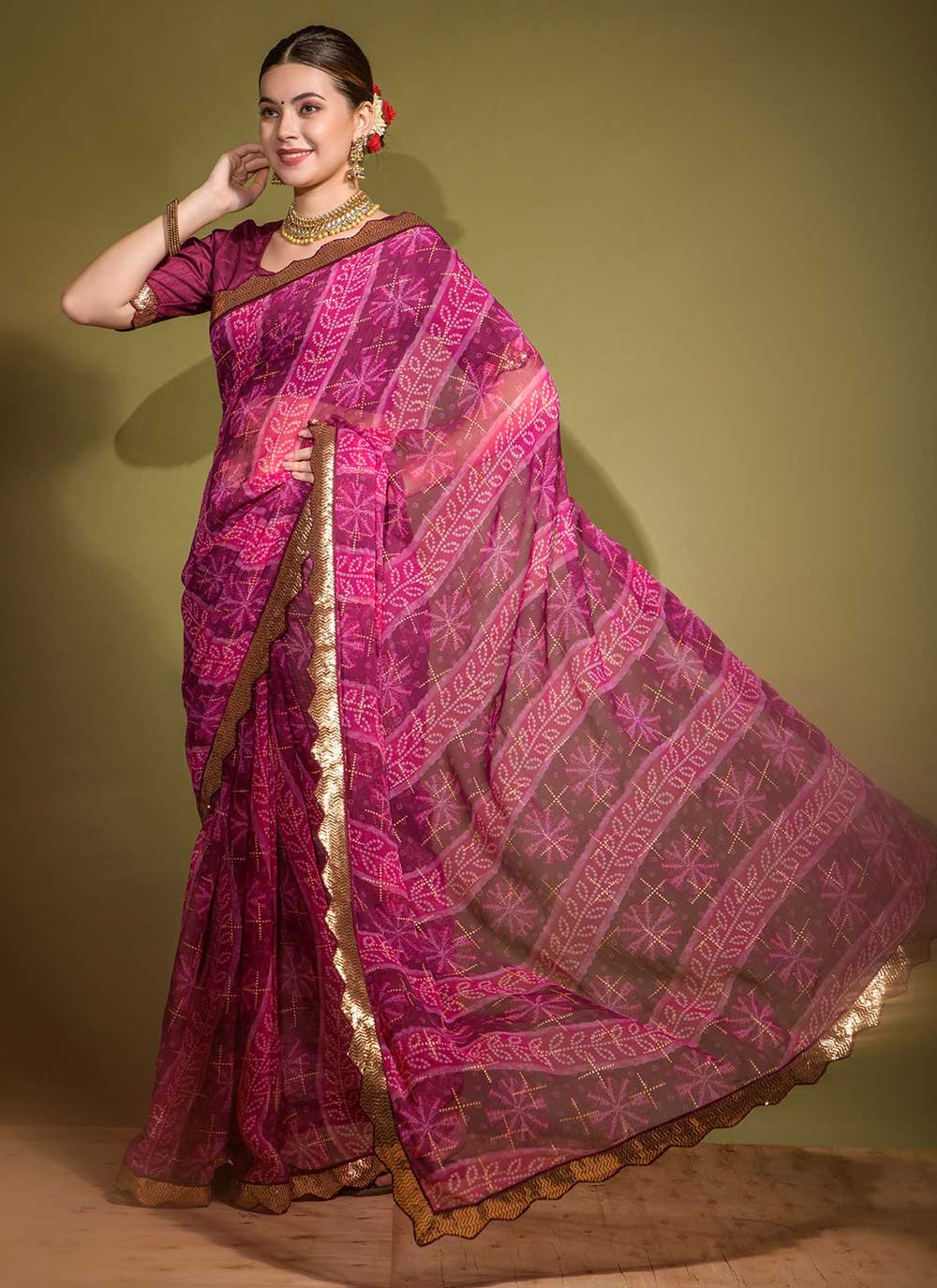 Trendy Saree Georgette Wine Patch Border Saree