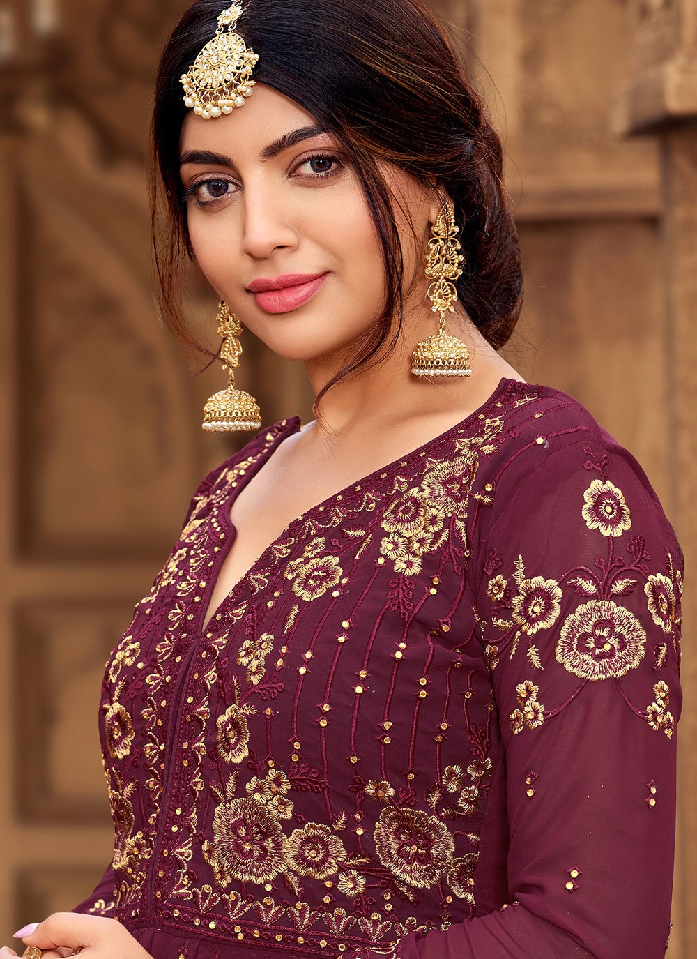 Palazzo Salwar Suit Faux Georgette Wine Embroidered Salwar Kameez