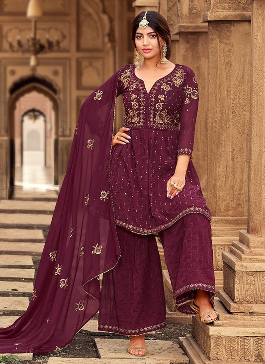 Palazzo Salwar Suit Faux Georgette Wine Embroidered Salwar Kameez