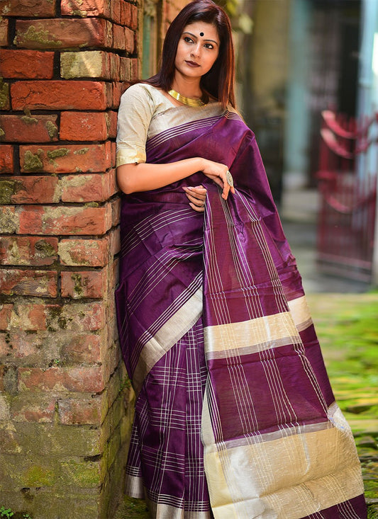 Classic Raw Silk Wine Weaving Saree