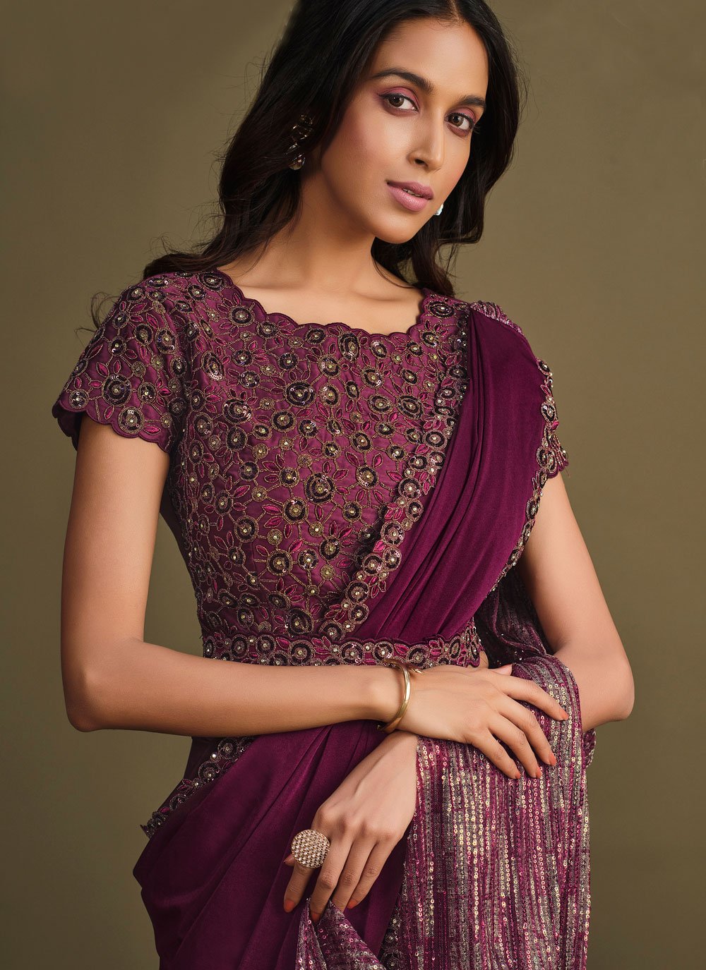 Designer Silk Wine Embroidered Saree