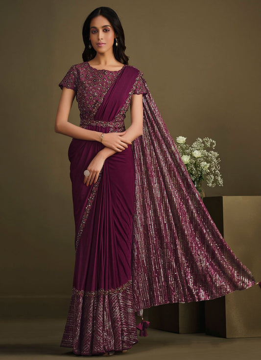 Designer Silk Wine Embroidered Saree