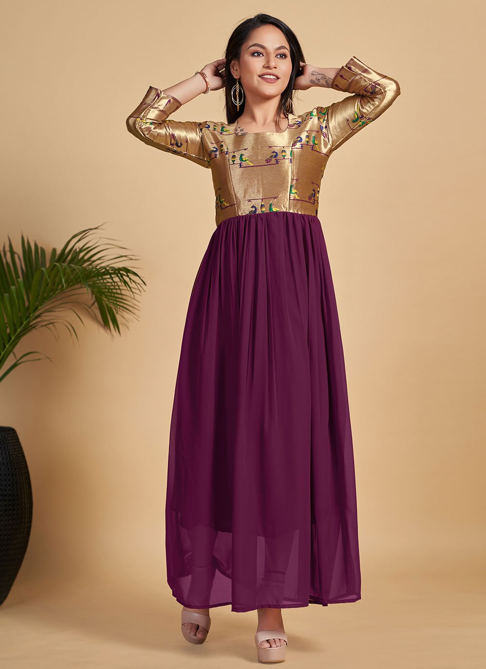 Gown Georgette Wine Woven Gown