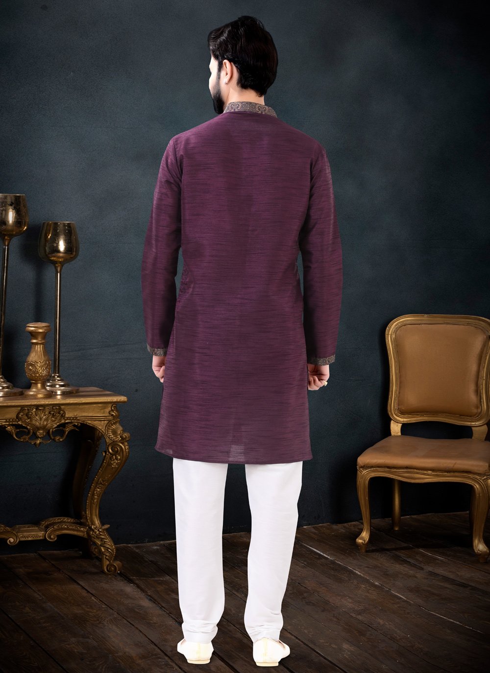 Kurta Pyjama Silk Wine Embroidered Mens