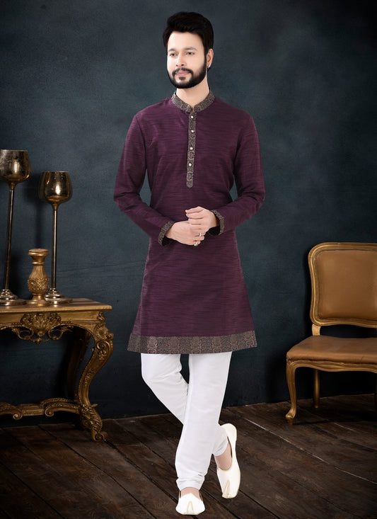 Kurta Pyjama Silk Wine Embroidered Mens