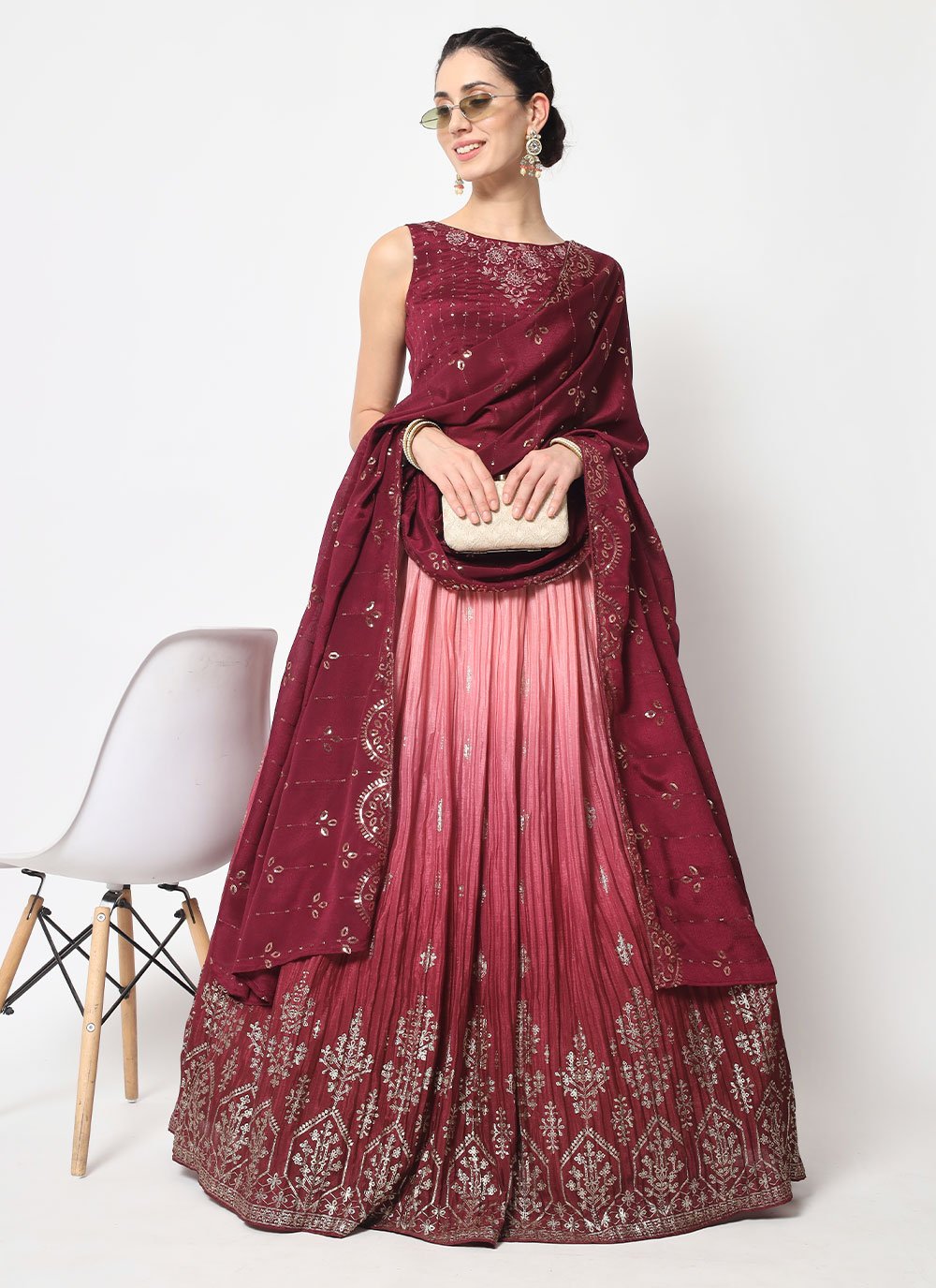 Lehenga Choli Chinon Silk Wine Embroidered Lehenga Choli