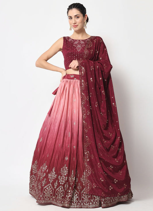 Lehenga Choli Chinon Silk Wine Embroidered Lehenga Choli