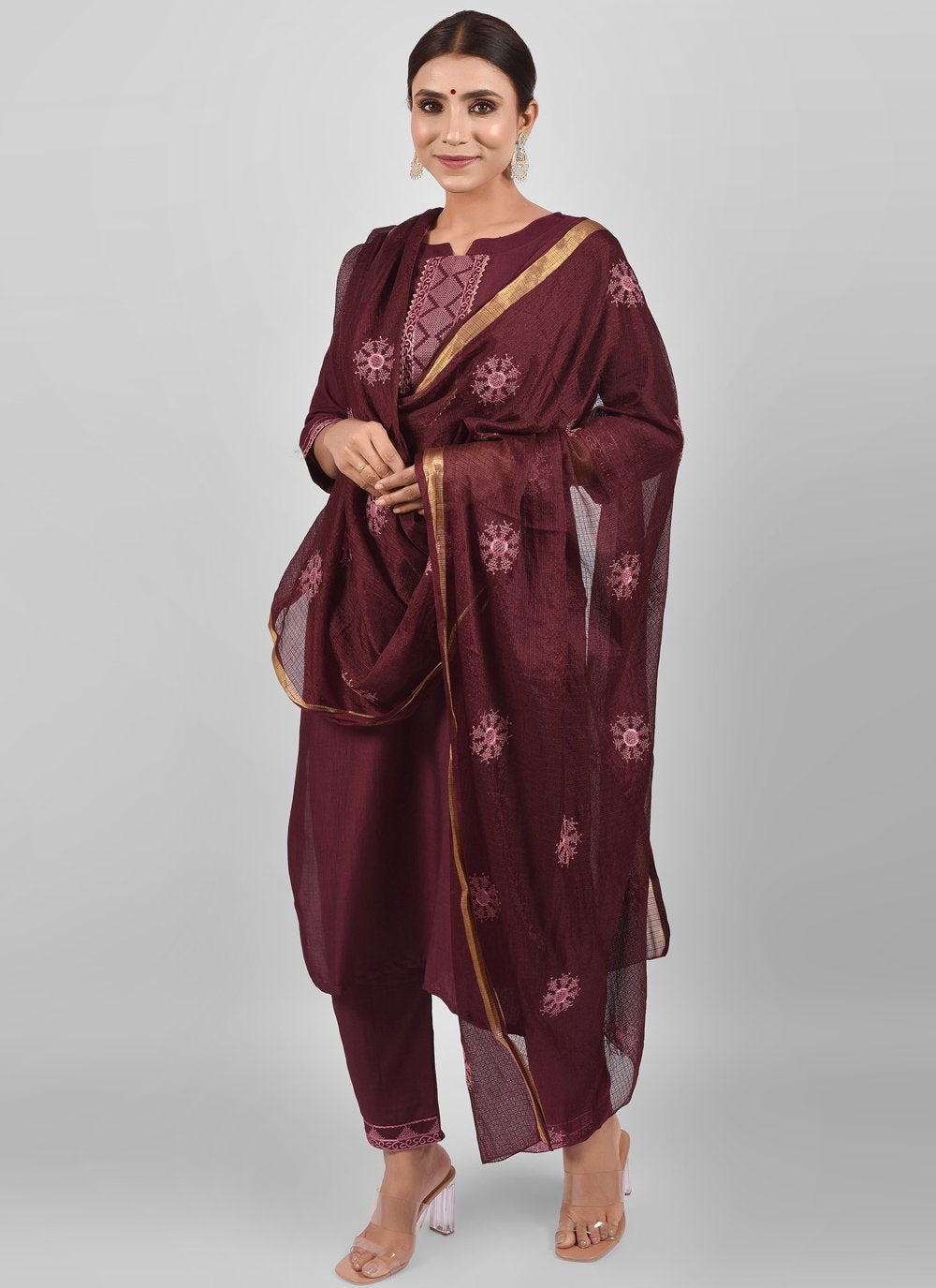 Pant Style Suit Chinon Silk Wine Fancy Work Salwar Kameez