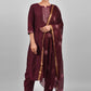 Pant Style Suit Chinon Silk Wine Fancy Work Salwar Kameez
