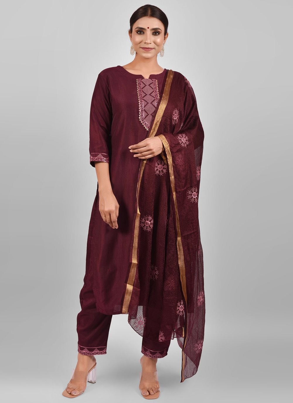 Pant Style Suit Chinon Silk Wine Fancy Work Salwar Kameez