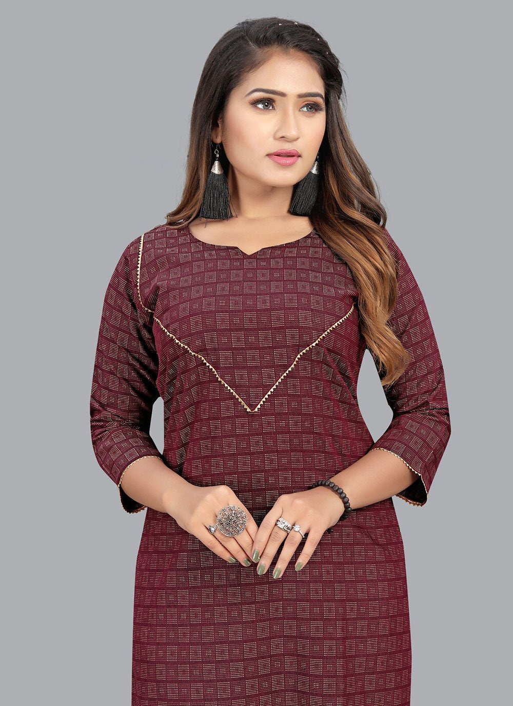 Party Wear Kurti Cotton Wine Print Kurtis