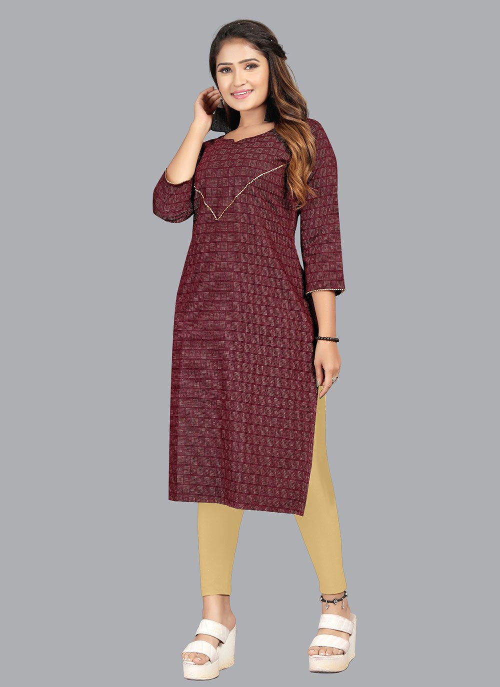 Party Wear Kurti Cotton Wine Print Kurtis