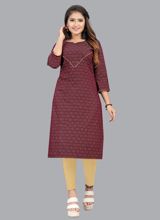 Party Wear Kurti Cotton Wine Print Kurtis