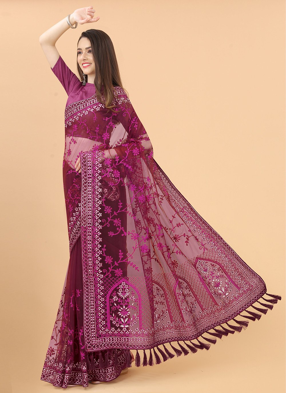 Trendy Saree Net Wine Aari Work Saree