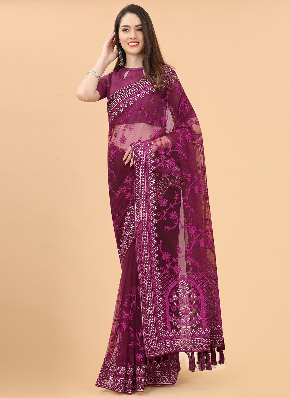 Trendy Saree Net Wine Aari Work Saree