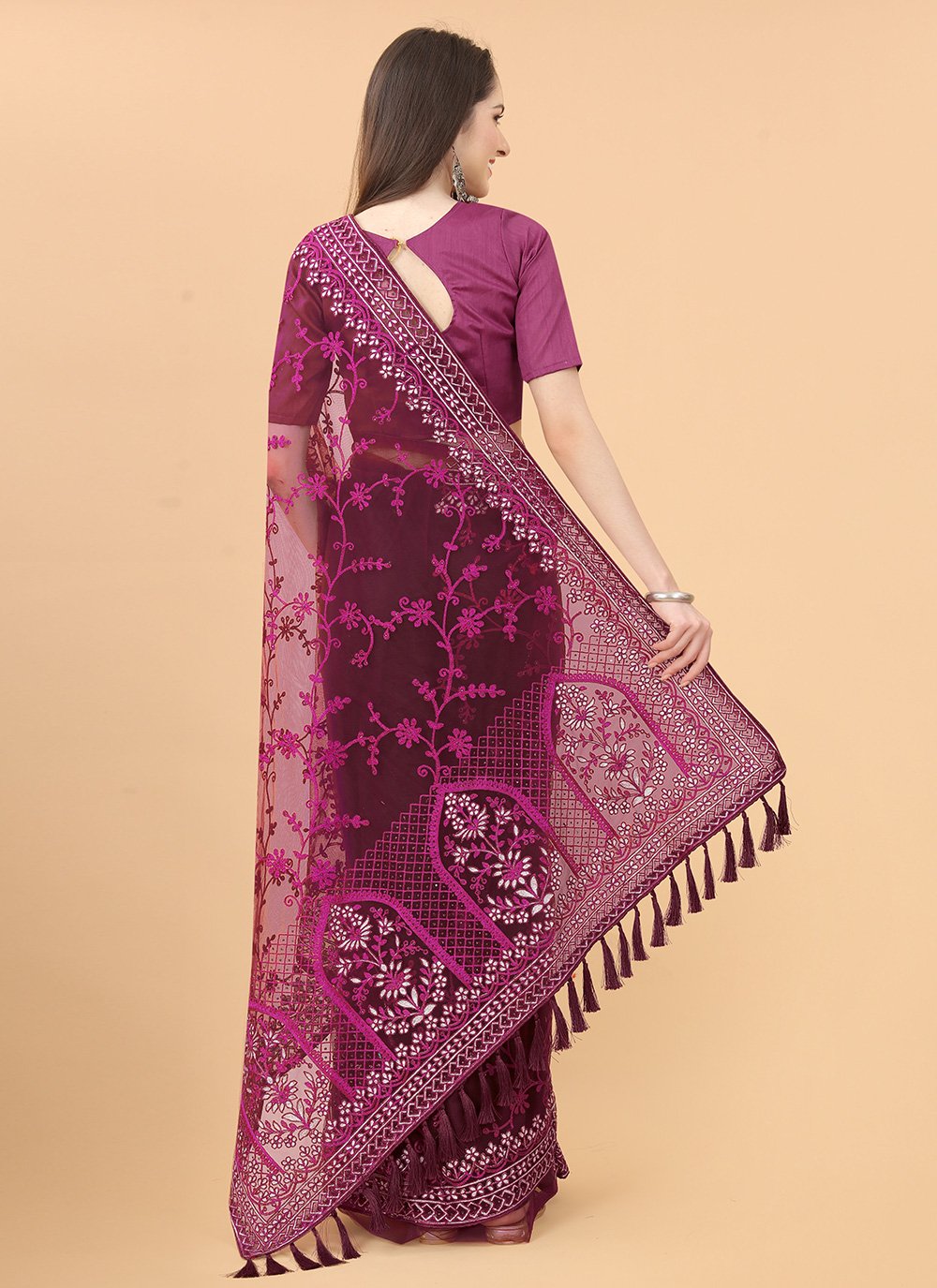 Trendy Saree Net Wine Aari Work Saree