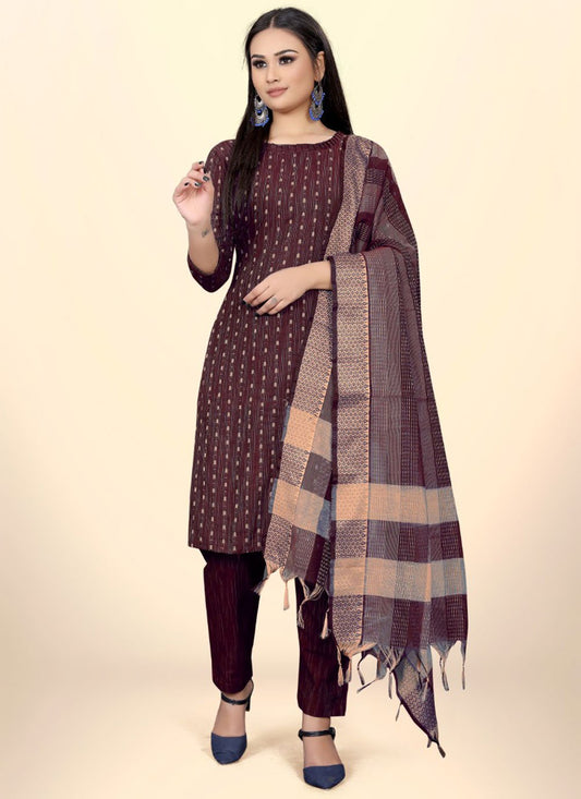 Pant Style Suit Cotton Wine Embroidered Salwar Kameez