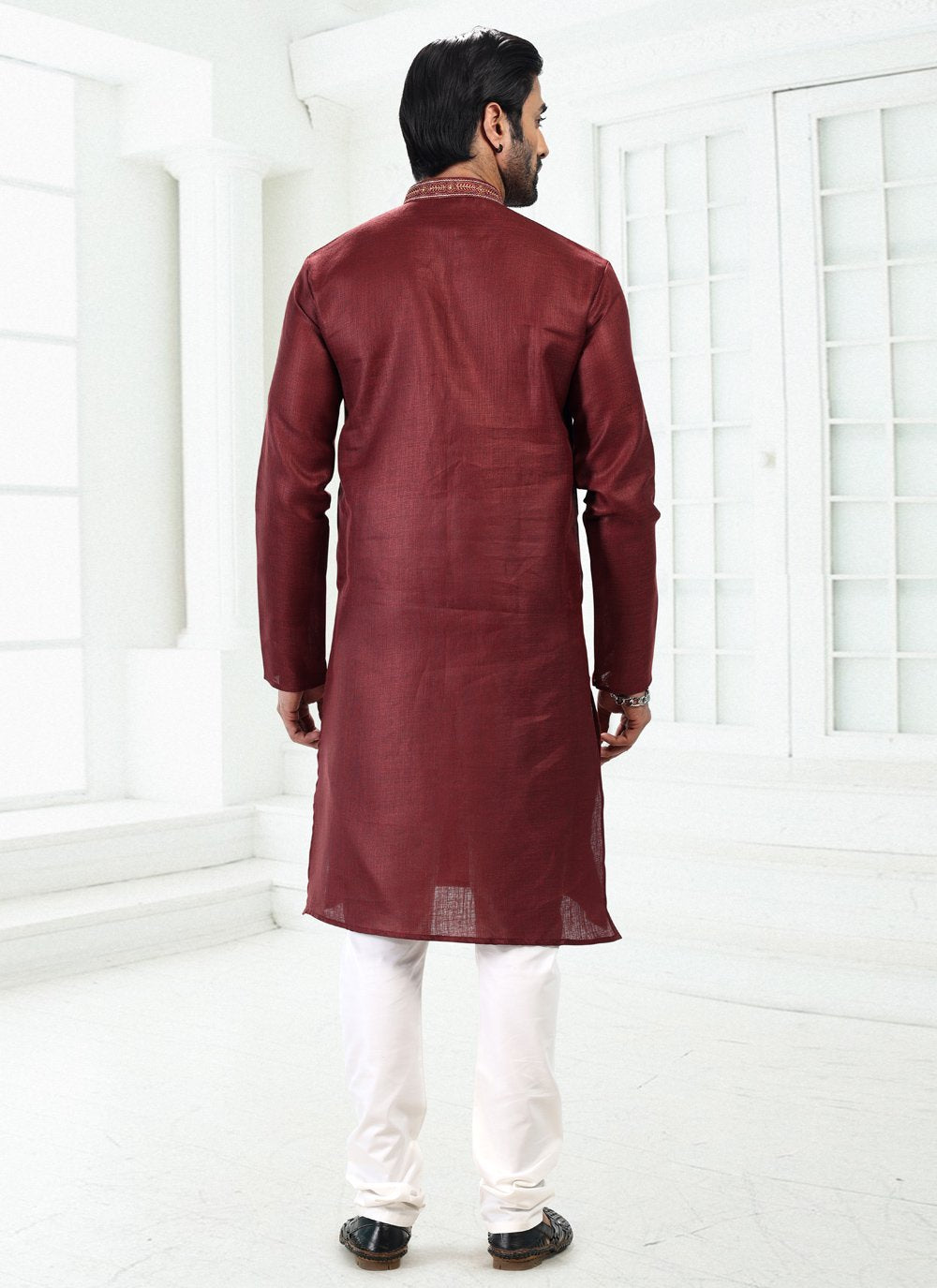 Kurta Pyjama Cotton Linen Wine Thread Mens