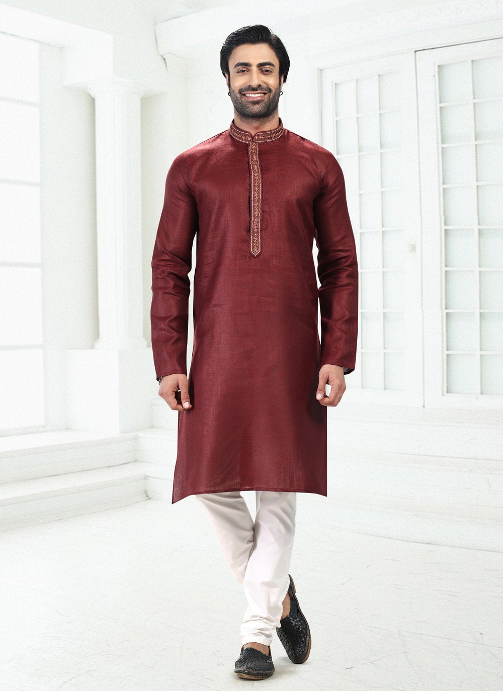 Kurta Pyjama Cotton Linen Wine Thread Mens