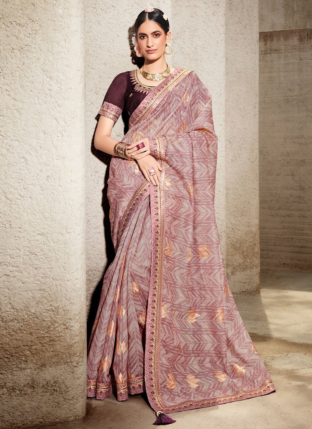 Contemporary Cotton Wine Lace Saree