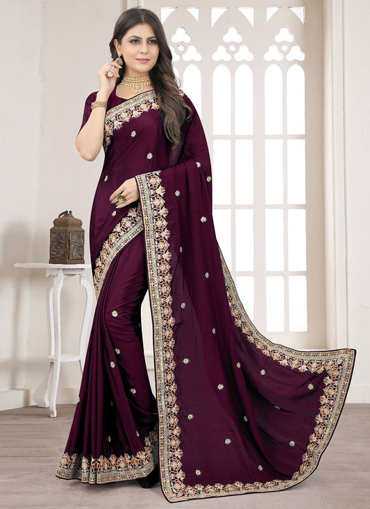 Classic Crepe Silk Wine Embroidered Saree