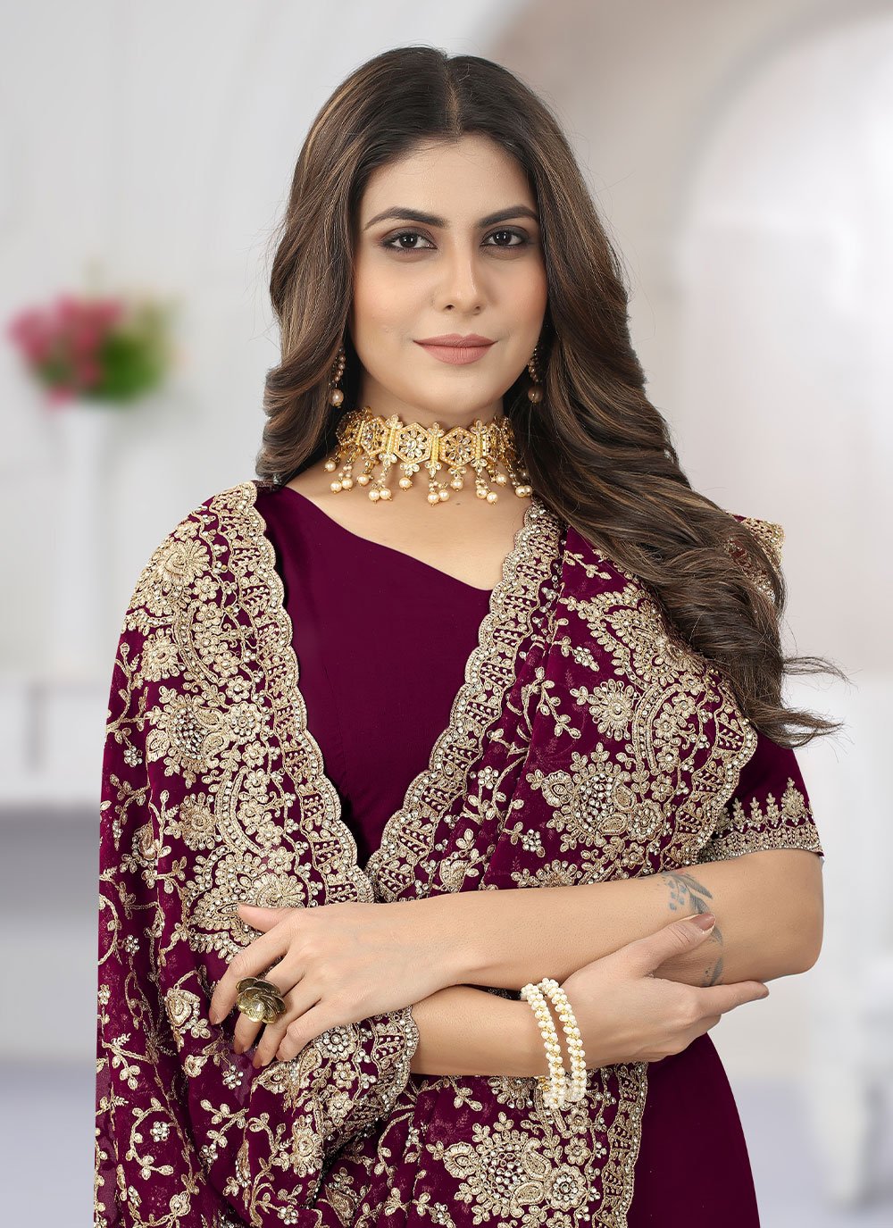 Designer Georgette Wine Diamond Saree