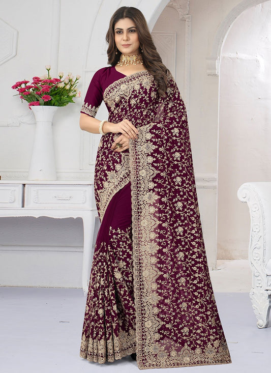 Designer Georgette Wine Diamond Saree